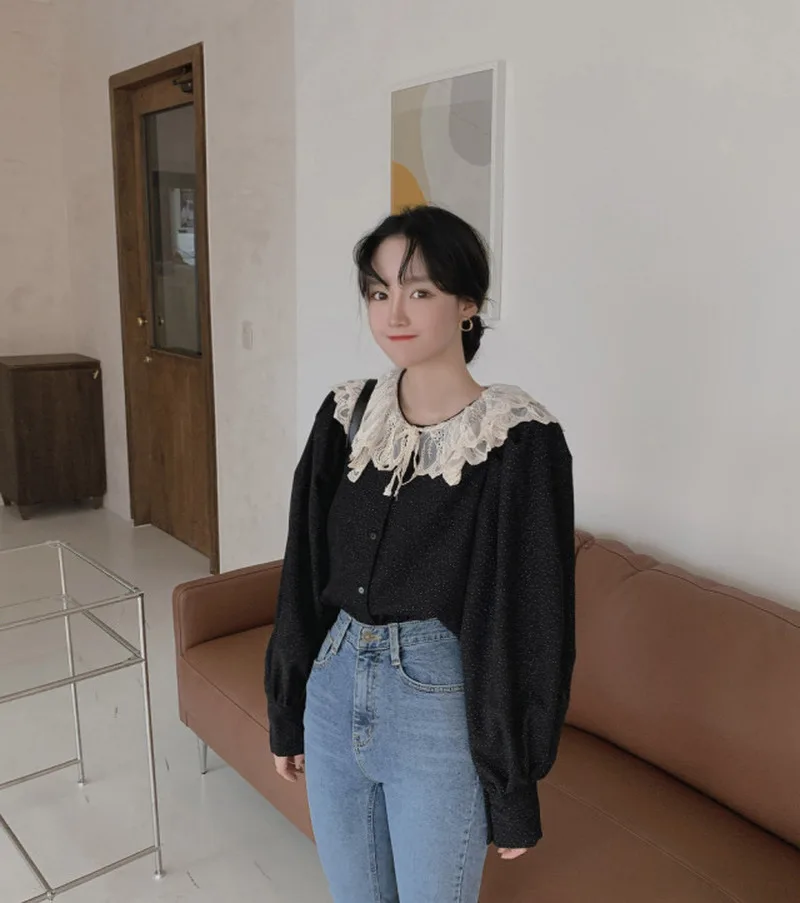 

Dol Collar Lantern Long Sleeve Blouse Women Vintage Dot Loose Blusas Speing 2021 New Lace Patchwork Ol Shirt Feminino