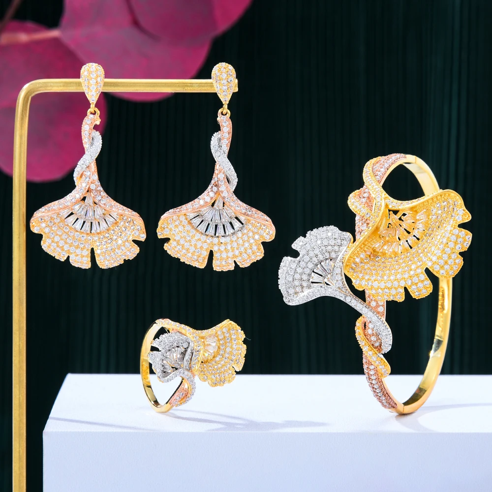 

KellyBola Ethiopia New Bracelet Ring Earring 3PC For Women Bridal Wedding Fashion Cubic Zircon Dubai Party Daily Jewelry Sets