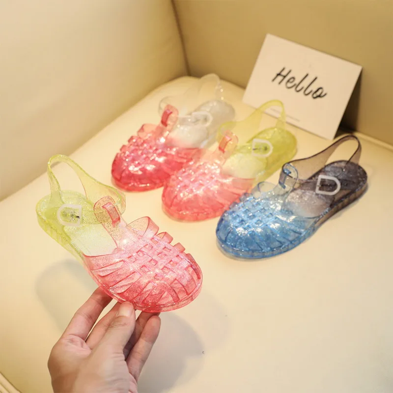 

2021 New Mini Summer Sandals Girl and Boy Roma Shoes Weave Soft Sparkle Fashon Jelly Shoes Melissa Beach Sandals