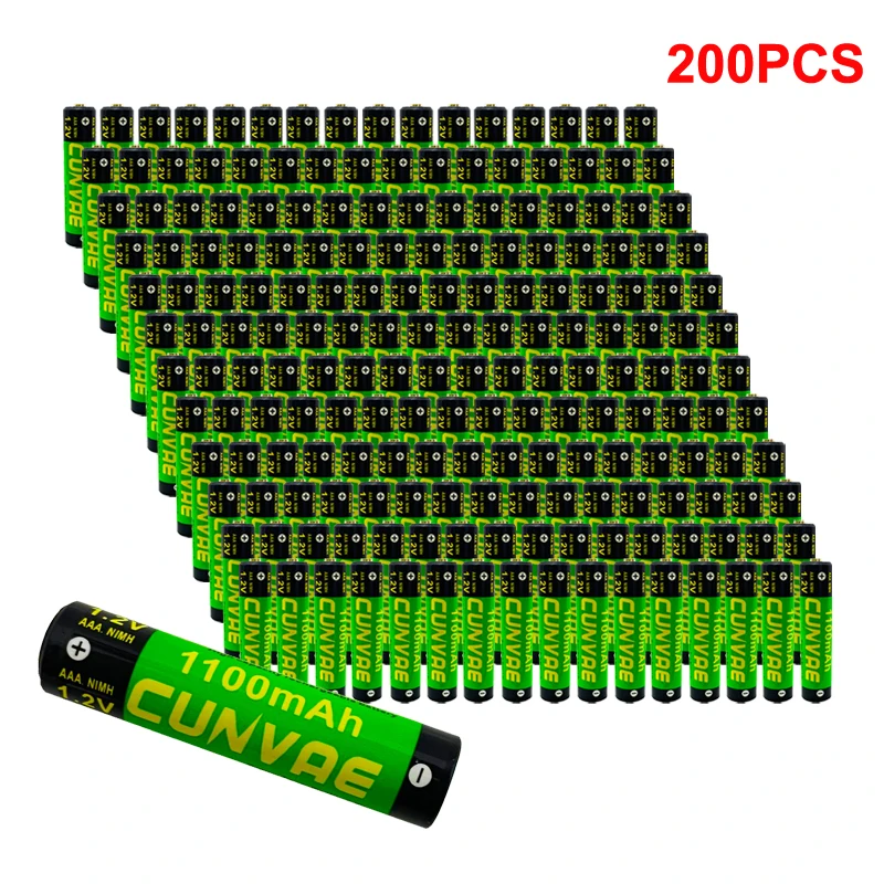 

200 шт., Ni-MH аккумуляторные батарейки AAA 1,2 в 1100 мАч для фонарика, камеры, электрической игрушки, предварительно Заряженная никель-металлогидри...