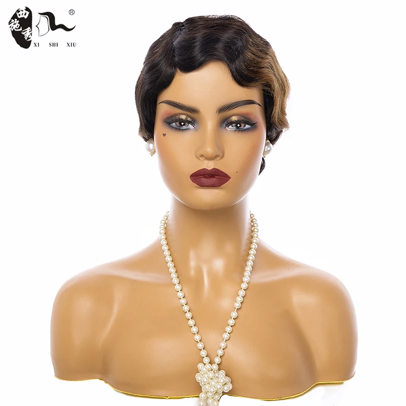 Synthetic Short Pixie Cut Hair Wig Brazilian Hair Full Machine Made Short  Wigs For Black Woman Finger Wave Wigs XISHIXIU