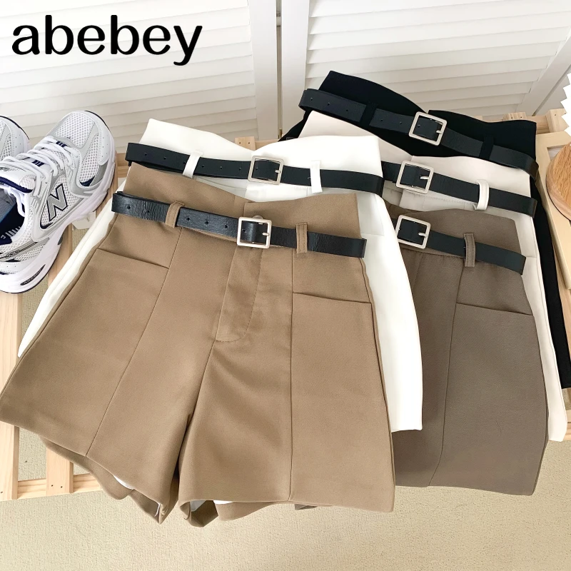 

Универсальные однотонные шорты с высокой талией, облегающие Костюмные шорты, повседневные широкие шорты с поясом, Новинка лета 2021