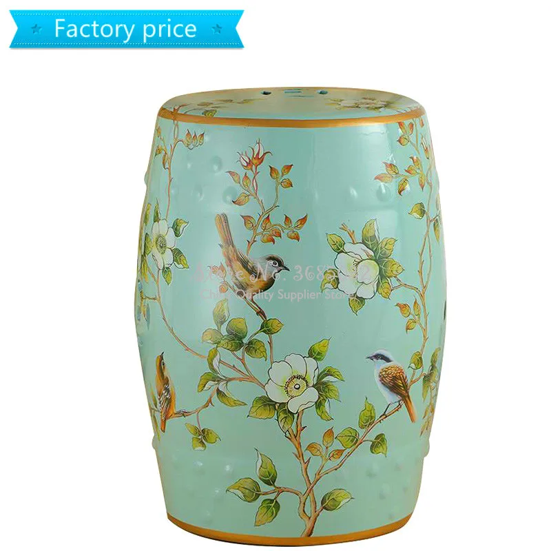 

European Drum Ceramic Pouf for Bedroom Makeup Stool Ottomans Chinese Painted Shoe Bench Chinese Zither Performance Stools30*46cm