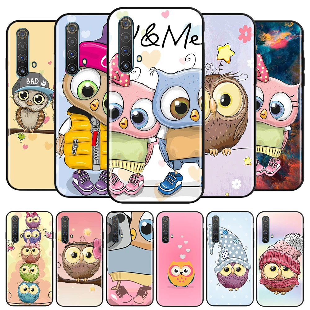 

Cute Owl Hearts Lover For OPPO Realme Q3 Q2 V15 V3 X50 X7 X3 X2 XT Pro Carnival Superzoom 5G Silicone Black Phone Case