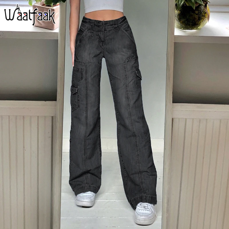 

Waatfaak Boyfriend Black Baggy Straight Jeans Women High Waist Brown Grunge Y2K Cargo Jeans Patchwork Streetwear Denim Trousers