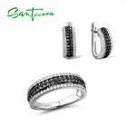 Женский комплект украшений SANTUZZA, кольцо и серьги из серебра 925 пробы с черной шпинелью и белыми фианитами