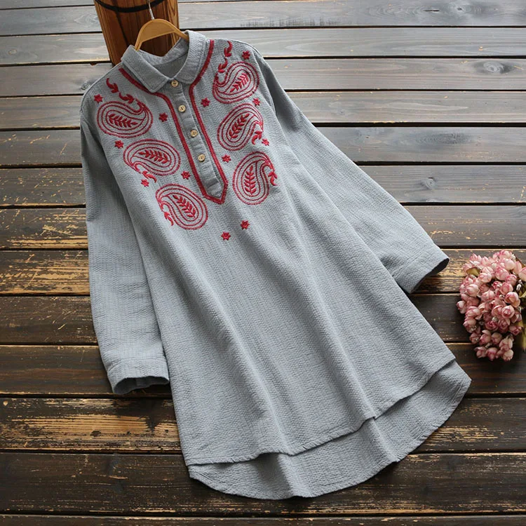 Новинка 6817 осенняя Женская Повседневная хлопковая рубашка с вышивкой и длинным