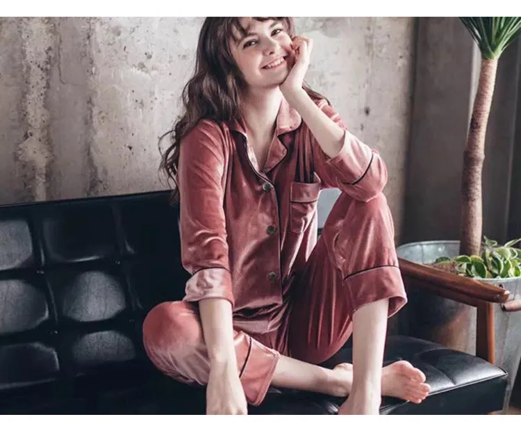 Spring Pajamas Couple Gold Velvet Long-Sleeved Pajamas Ladies Double Long Lapel Cardigan Men and Women Warm Home Service Suit