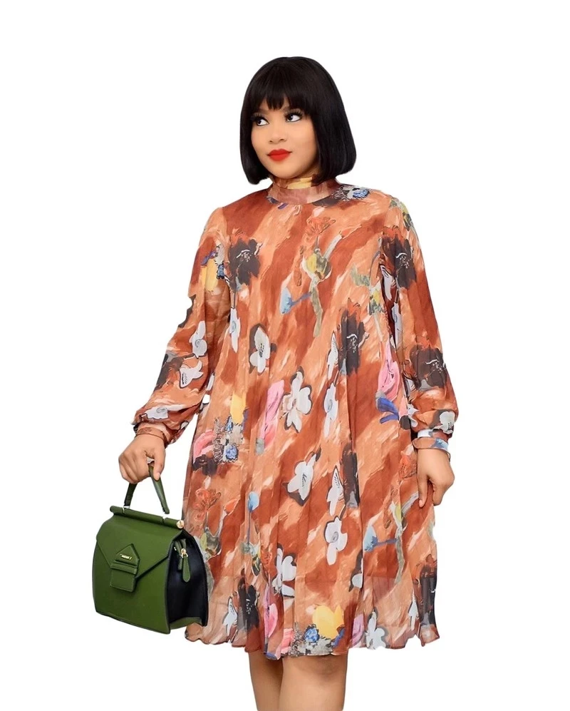 

Loose Long Sleeve Chiffon Printed A Line Dress Turtleneck Elegant Thin Knee Length African Women Plus Size Autumn New Vestidos