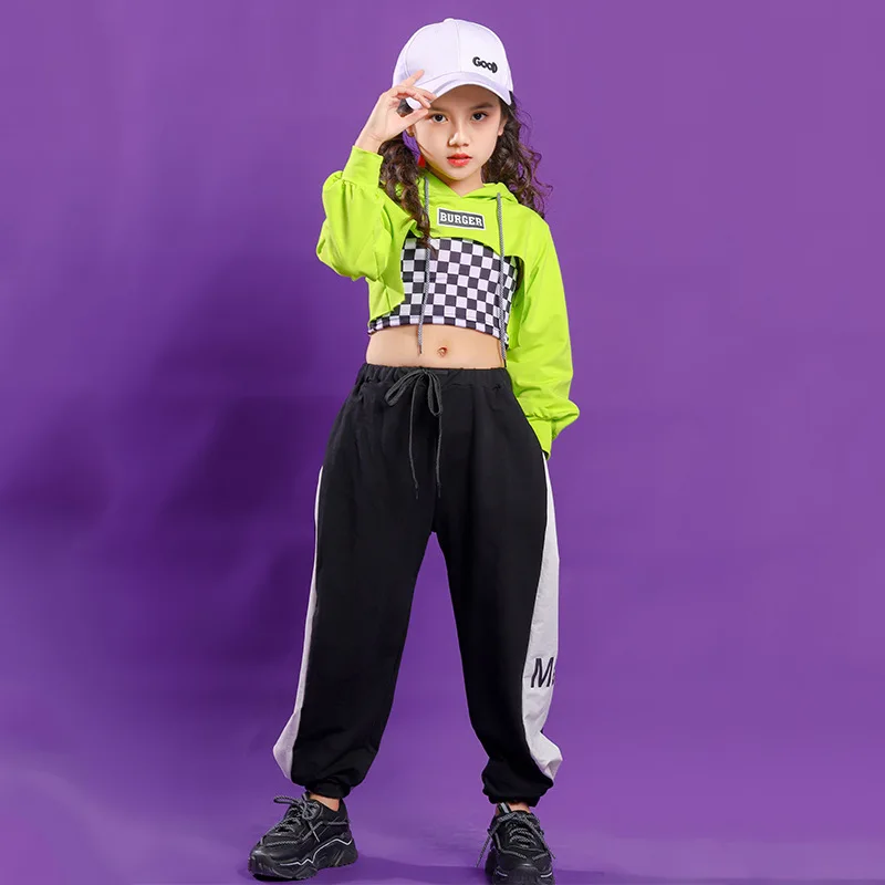 

Fluorescent Green Cropped Top Swaetshirt Pants Children Hip Hop Clothing Kids Dance Costumes Girls Stage Outfit Jazz Streetwear