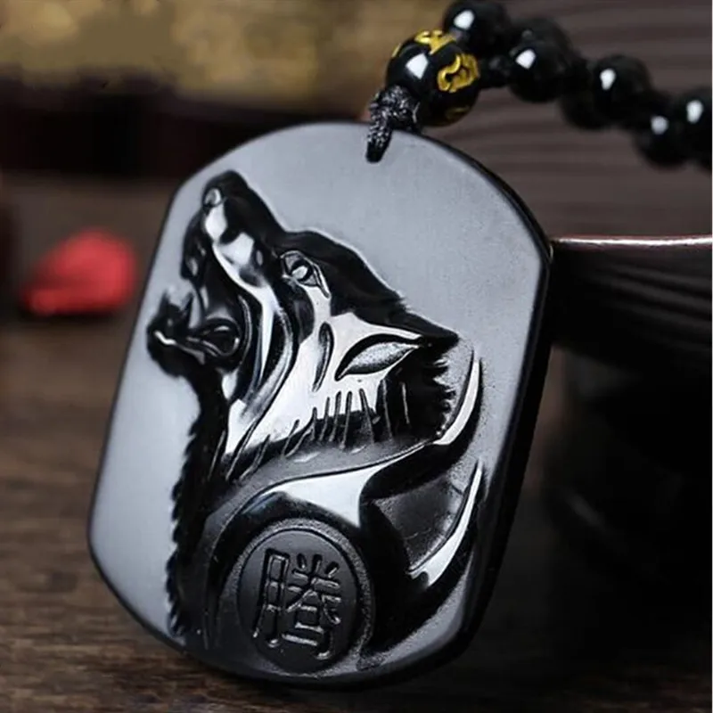 

Natural Black Obsidian Beads Necklace Hand-Carved Wolf Head Jade Pendant Fashion Charm Jewellery Lucky Amulet Gifts for Men