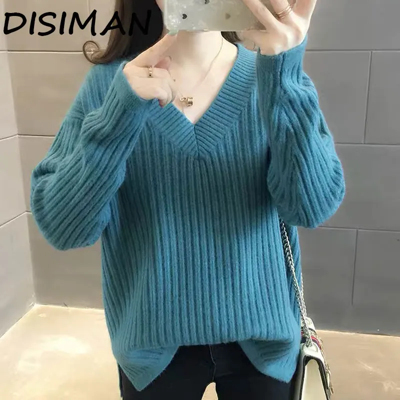 DISIMAN осень 2019 Модный зимний женский свитер одежда Женский пуловер с v-образным