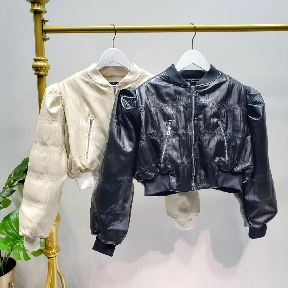 L77street PU embossed sheepskin soft French lantern sleeves short paragraph plus cotton padded cotton clothing leather jacket