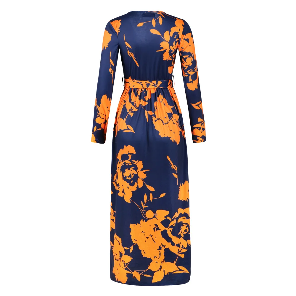 

Women Spring Summer Dresses Fashion Floral Print Dress Plus Size Long Sleeves Pockets Loose Robe Casual Maxi Ladies