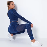 women seamless yoga set gym fitness leggings hollow out cropped shirts sport suit women long sleeve tracksuit activewear 2014