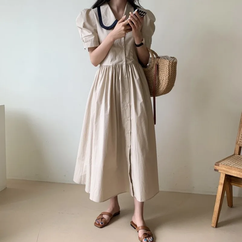 

Korean Ins White Elegant Blue Chic Contrast Color Pleated Edge Doll Collar Breasted High Waist Slimming Dress Long Skirt