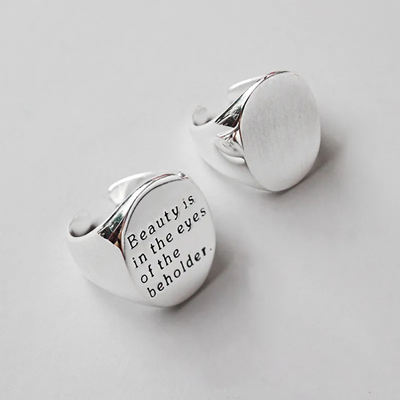 YPAY Genuine 925 Sterling Silver Open Big Rings Wide Oval Smooth &amp Letters Punk Finger Ring Fine Jewelry for Party Gift YMR253 |