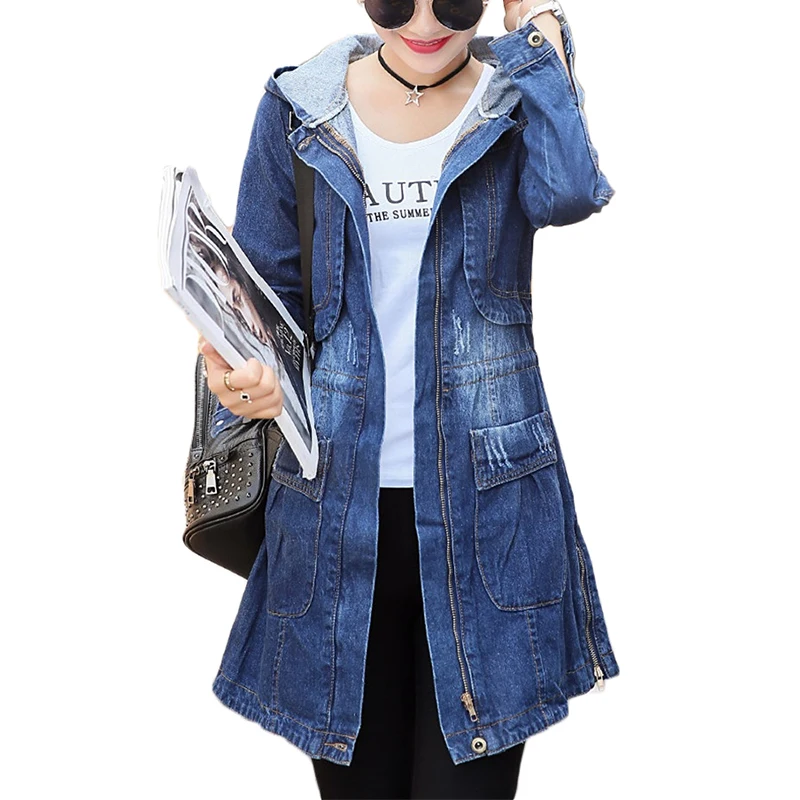 

Autumn Winter Denim Jackets for women 2021 Korean Loose Long Jeans Jackets Women's Zipper Plus size Hooded thick trench Coat 3XL