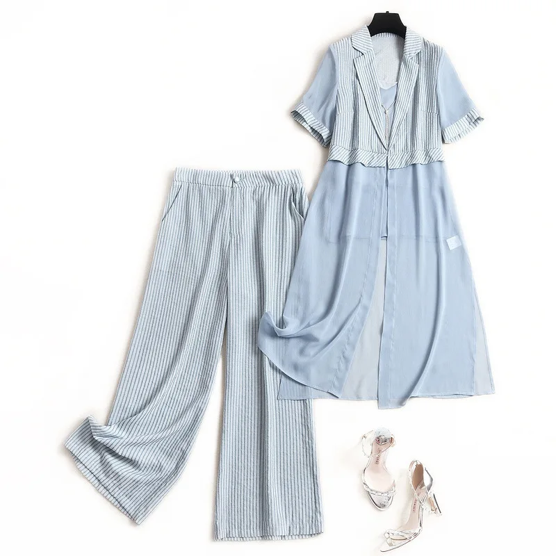 

Top Grade Designer Clothing Sets 2020 Spring Fashion Patchwork Long Cardigan Jackets+Striped Pants & Capris Set Suit Female