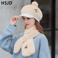 women winter knitted hats scarf set female thick warm baseball cap snapback pompom hat thick lining ski caps with visor bonnet