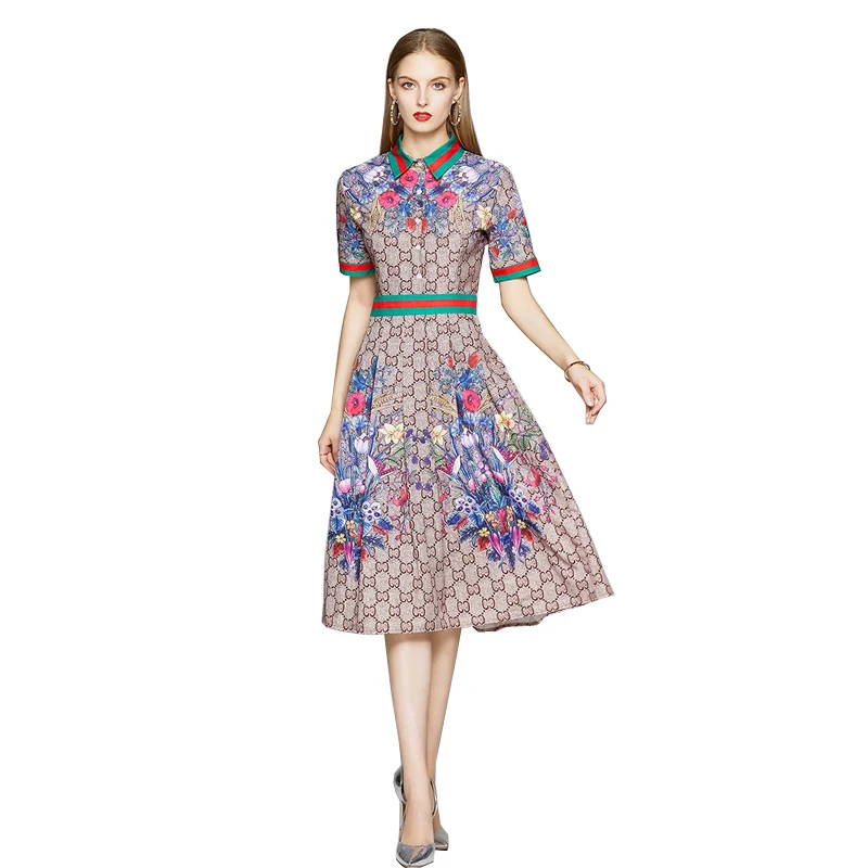 

2021 Newest Summer Fashion Runway Shirt Dress Women's Short Sleeve Casual Floral Stripe Print Pleated Midi Elegant Party Dress
