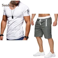 summer solid color casual mens suit large size short sleeve v neck t shirt sports shorts mens sets