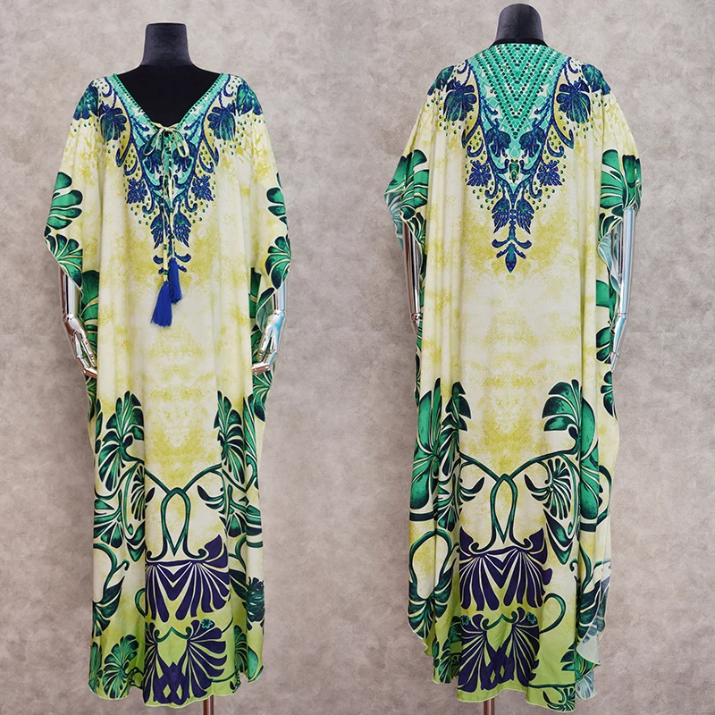 Пляжное платье с треугольным вырезом зеленое принтом в виде бохо хлопковое