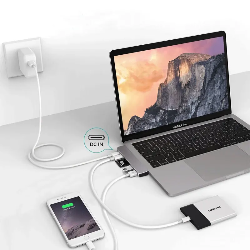 USB C концентратор type Thunderbolt 3 док-станция 6 в 1 USB-C адаптер Dongle Combo с 0 портами TF слот