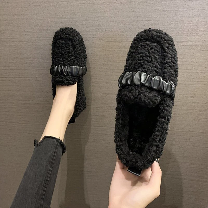 

Casual Woman Shoe All-Match Elegant Round Toe Modis Shallow Mouth Slip-on Loafers Fur Winter 2021 Slip On Moccasin New Basic Lei