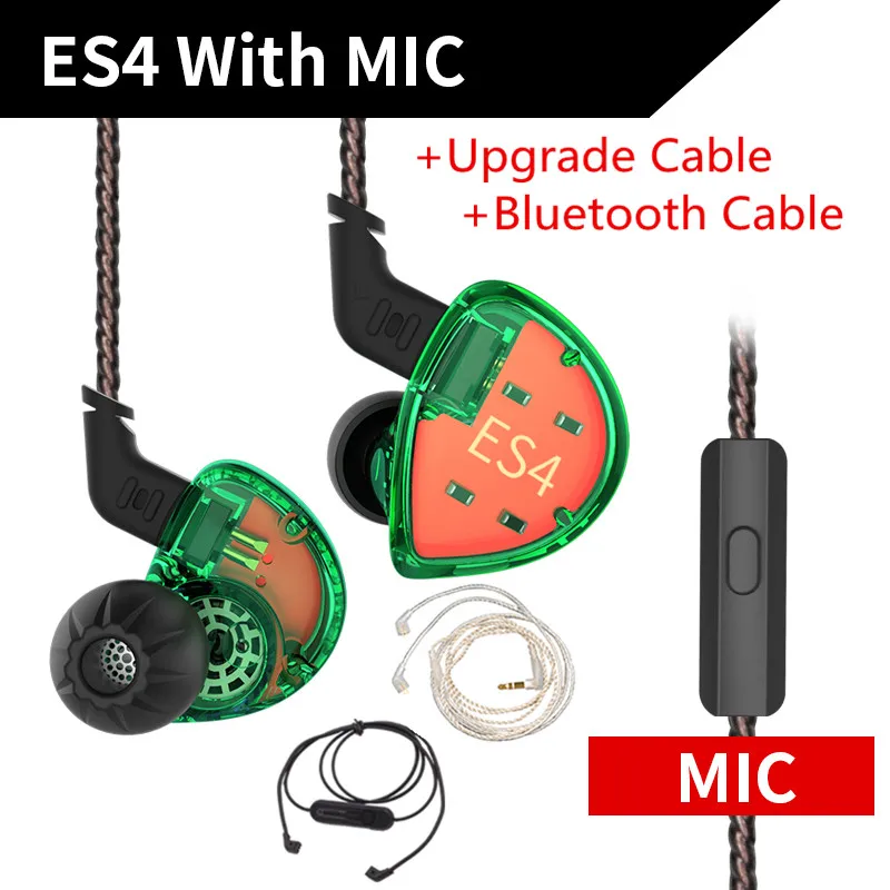 green mic silver BT KZ ES4 1DD+ 1BA Hifi спортивные наушники-вкладыши Динамический драйвер шумоподавление Гарнитура замена кабеля AS10 ZS10 BA10 ZST ZS6 ZSN - Цвет: green mic silver BT