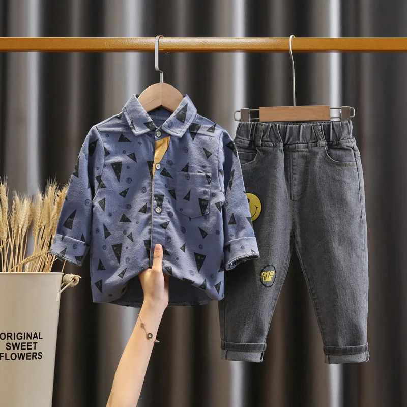 

Baby Boys Suit 2022 Autumn New Children Clothing Kids Long Sleeve Brushed Triangle Shirt Stretch Jeans Two-piece Suit 1-5 Years