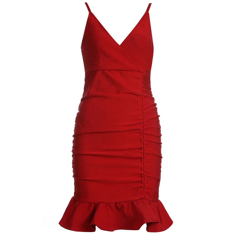 

Wholesale 2020 summer woman's dress Red V-neck Spaghetti Strap Sexy club celebrity boutique cocktail party bandage dress