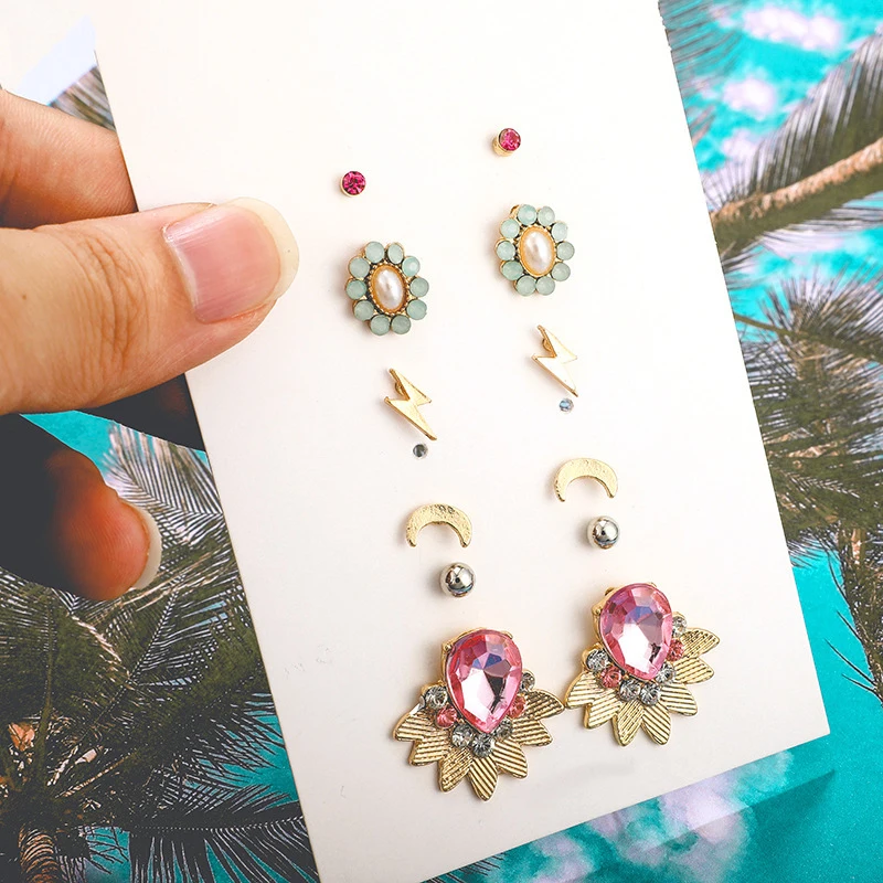 Fashion personality street beat inlaid flowers leaves Pearl drops ear nail earrings set | Украшения и аксессуары