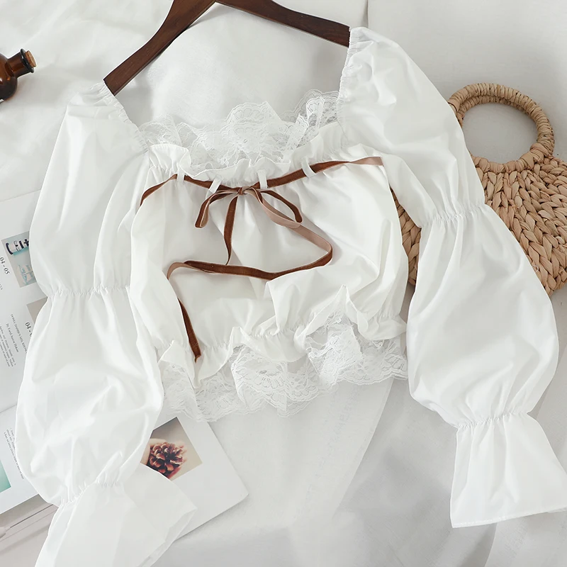 Рубашка с рюшами и кружевным бантом расклешенная рубашка рукавами-фонариками