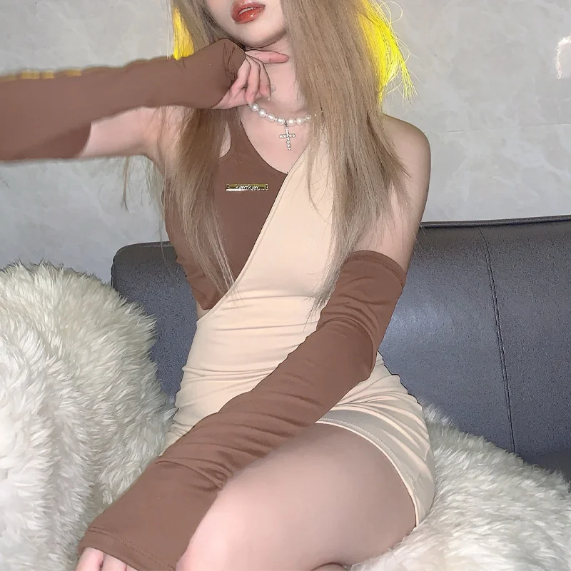 

Women's Style 2021 Early Autumn New Off Shoulder V-neck Irregular Stitching Hollow Out Slim Wrap Hip Dress