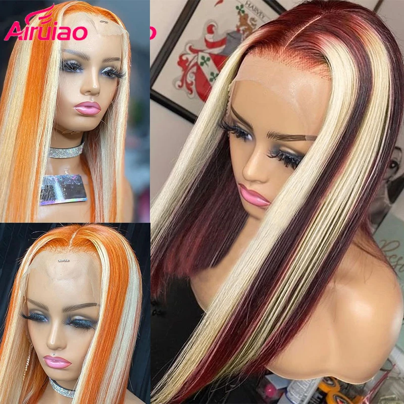

Highlight Blonde Burgundy Lace Front Wigs Human Hair Ombre Ginger 613 Lace Frontal Wig Full HD Transparent Red 99j Preplucked