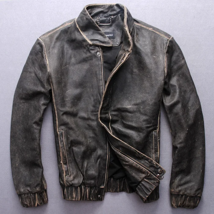 Мужская кожаная куртка приталенная двухцветная ручной работы из натуральной