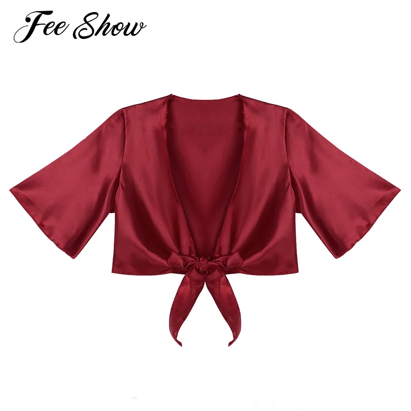 Womens Sexy Satin Deep V Neck Loose Crop Top Blouses Elegant Fashion Ladies Summer Flare Half Sleeve Lace Up Solid Casual Shirts