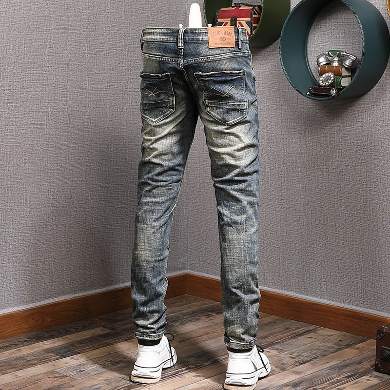 European Vintage Fashion Men Jeans High Quality Elastic Slim Ripped Jeans Men Retro Dark Blue Distressed Designer Casual Pants