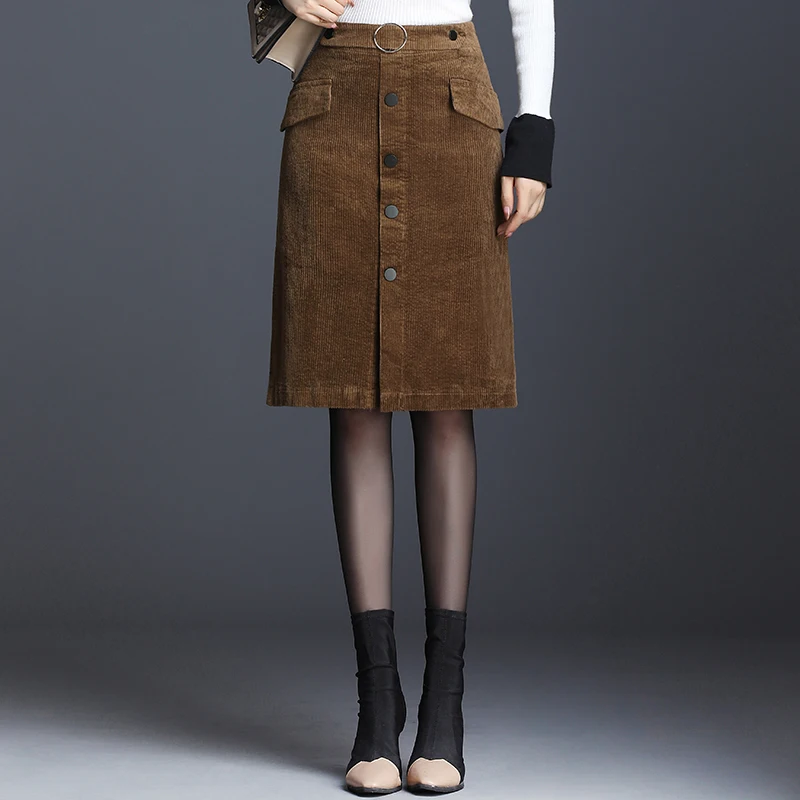 

Fall Winter Casual Womens Female High Waisted Slim Placket Black Navy Corduroy Pencil Skirt , Knee Length Slim Skirts for Woman