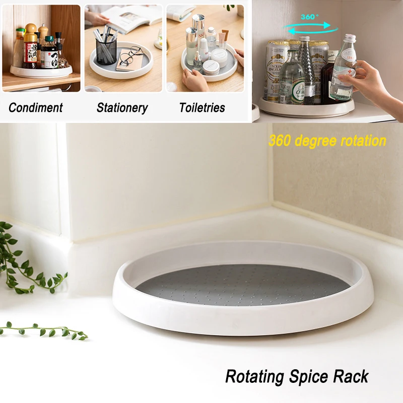 

25cm Condiment 360° Rotating Storage Tray Spice Rack Non-Slip TPR Home Cosmetics Cabinet Organizer For Kitchen Accessories