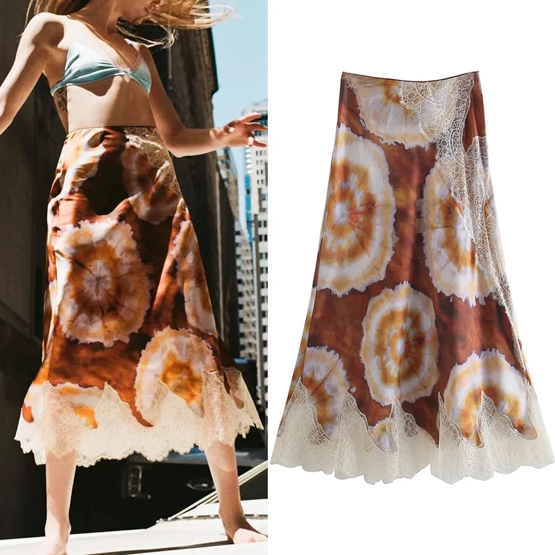 

WESAY JESI Skirts Woman Za Vintage Print Stitching Lace Midi High-Waisted Skirt y2k Elegant A-line Holiday Clothing Long Skirts
