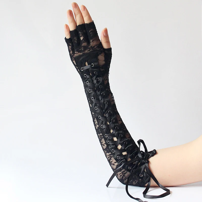 

Gothic Fingerless Long Gloves Women Vintage Punk Black Lace Mittens Hip Hop Flower Embroidery Bandage Clubwear Party Costumes