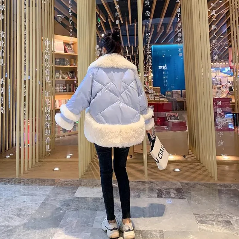 

Fashion Autumn Winter High Quality Wool Coat Women 2021 Long Sleeve Slim Wool Stitching Shiny Cotton Parka Jacket Women