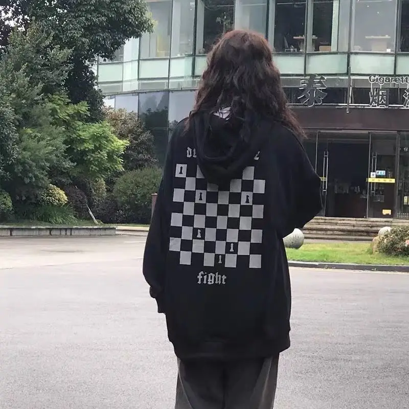 Толстовки женские шахматная доска клетчатый черный пуловер с капюшоном унисекс