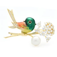 wulibaby pearl stand branch bird brooches for women top quality cubic zirconia 2 color bird party office brooch pin gifts