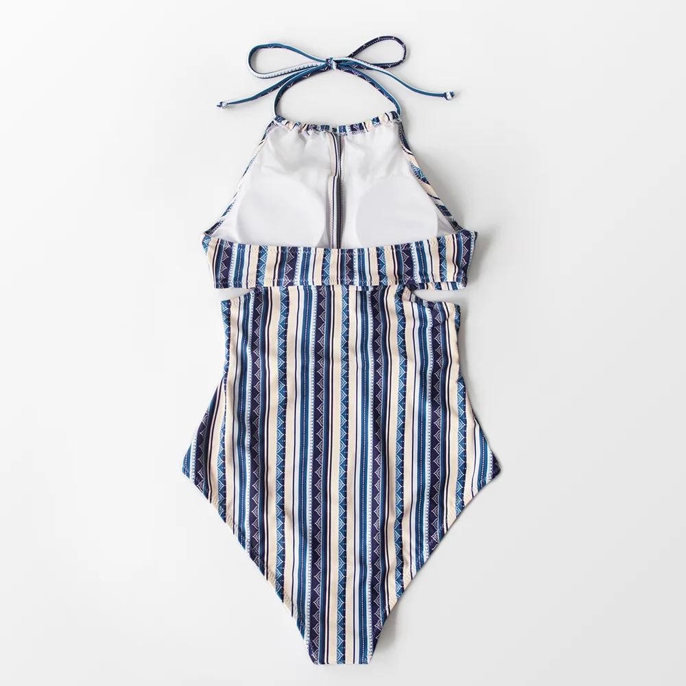 CUPSHE Boho полосой Холтер Вырез Цельный купальник женский сексуальный открытая спина кружева Монокини Девушки Пляж купальный костюм Купальники