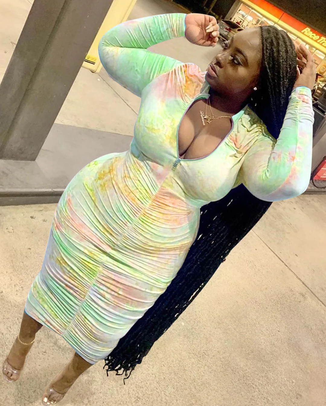 

Tie Dye Plus Size Clothing for Women Elgant Bodycon Sexy Dress Long Sleeves Zipper Sexy Bandage Dress XL 2XL 3XL 4XL