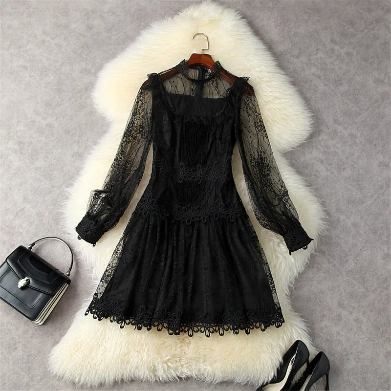 

Осень 2021 черные кружевные вечерние платья для женщин брендовые прозрачные с длинным рукавом сексуальные женские платья для женщин