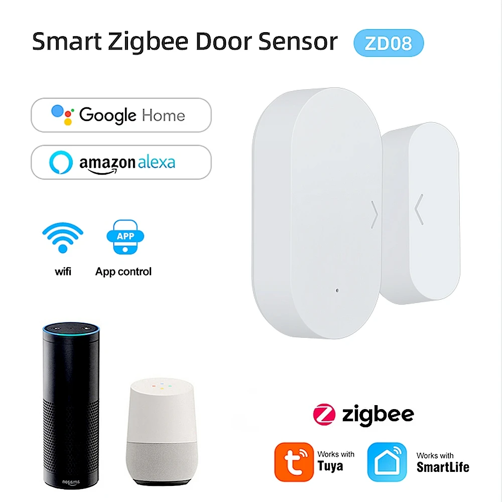 

Смарт-датчик двери Tuya zigbee, беспроводной детектор открытия окон и закрытых окон, оповещение от приложения, охранная сигнализация с Alexa Google Home
